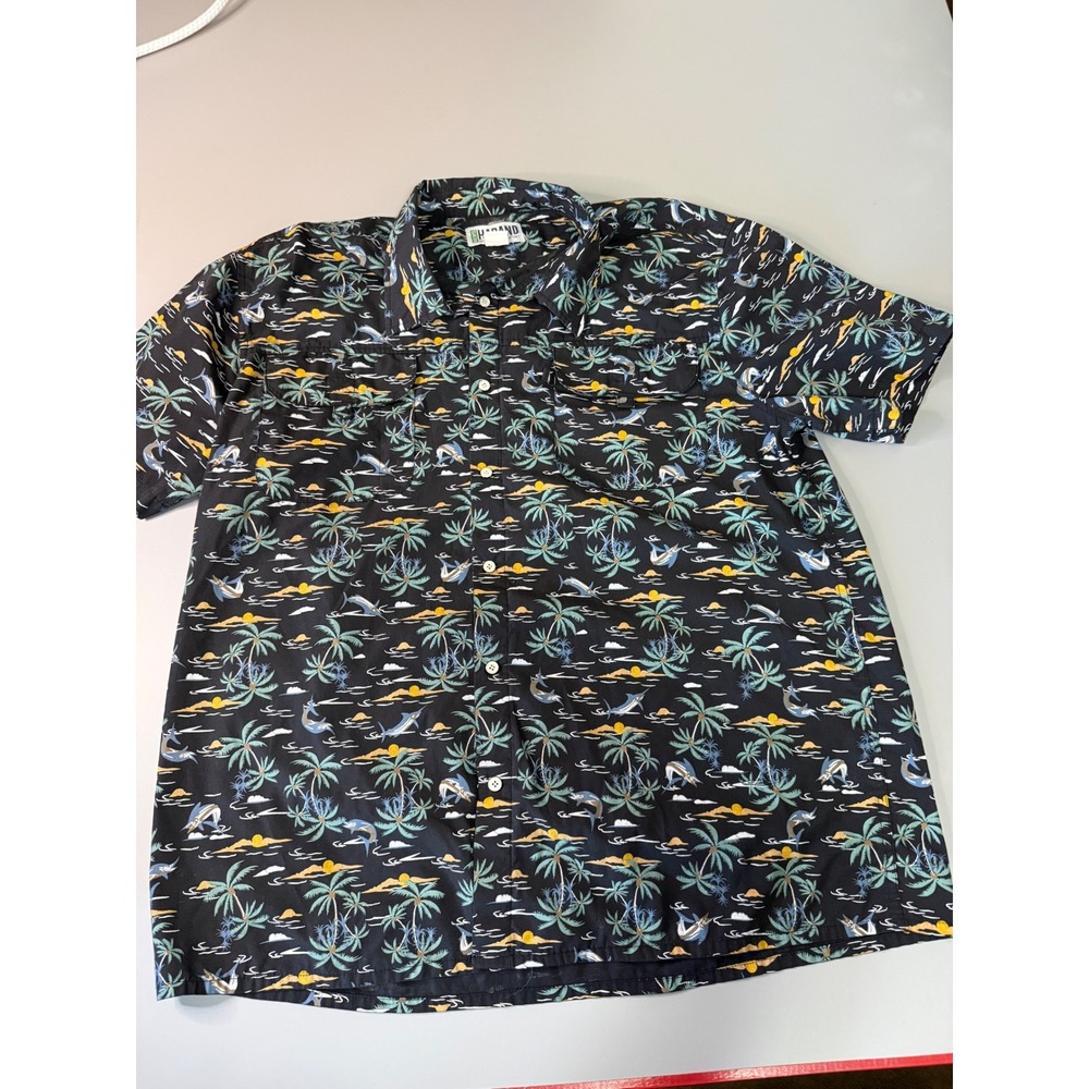 Haband Mens Large Black Tropical Palm Tree Marlin Short Sleeve Button Down Shirt